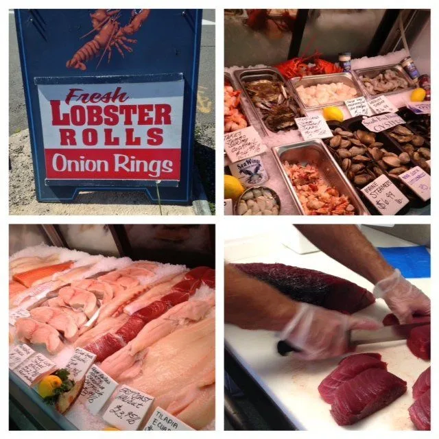 Seafood market counter with fresh fish and lobster rolls