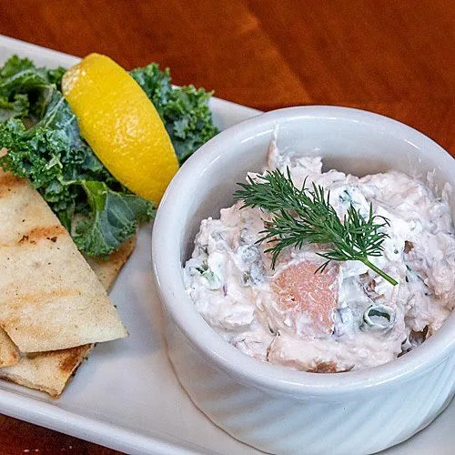 Salmon rillette with pita and lemon — market portion